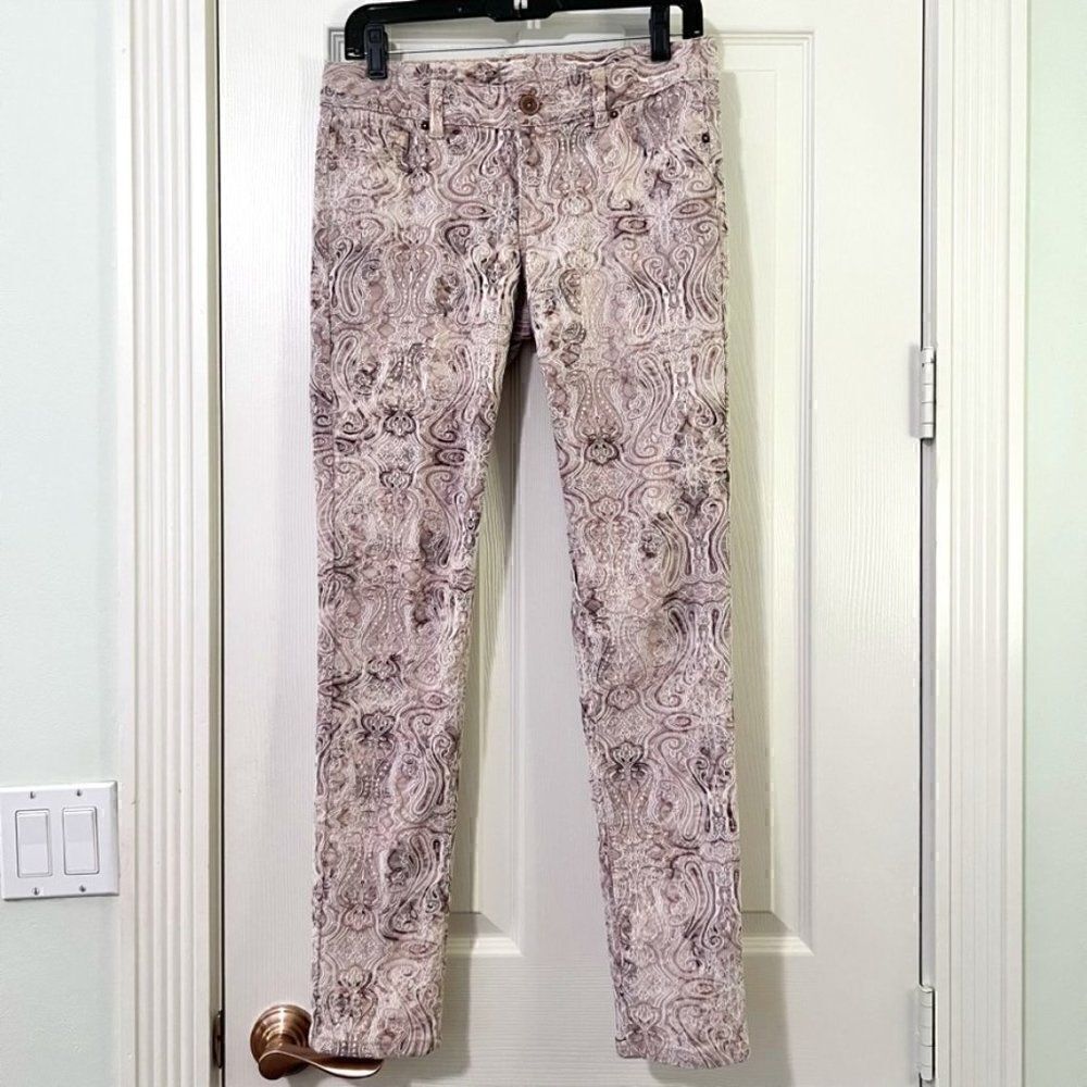 Embroidered Stretch Skinny Jeans- Oatmeal Cream Brown Paisley Design- Size 4